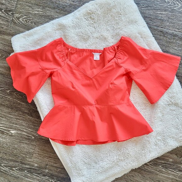 Club Monaco Ulmera Off The Shoulder Peplum Top in Papaya Red Sz 0 - Picture 5 of 11